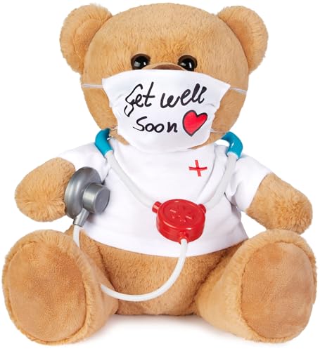 BRUBAKER Teddybär mit Mundschutz und Stethoskop - Get Well Soon - 35 cm - Teddy Plüschbär mit Arzt Shirt - Kuscheltier Plüschteddy - Braun Weiß von BRUBAKER