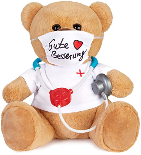 BRUBAKER Teddy Plüschbär mit Mundschutz und Stethoskop - Gute Besserung - 35 cm - Teddybär mit Arzt Shirt Weiß - Plüschteddy Kuscheltier Schmusetier - Braun Hellbraun von BRUBAKER