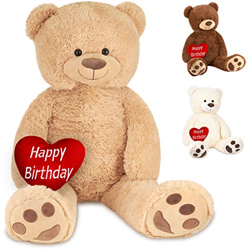 BRUBAKER XXL Teddybär 100 cm Beige mit einem Happy Birthday Herz Stofftier Plüschtier Kuscheltier von BRUBAKER