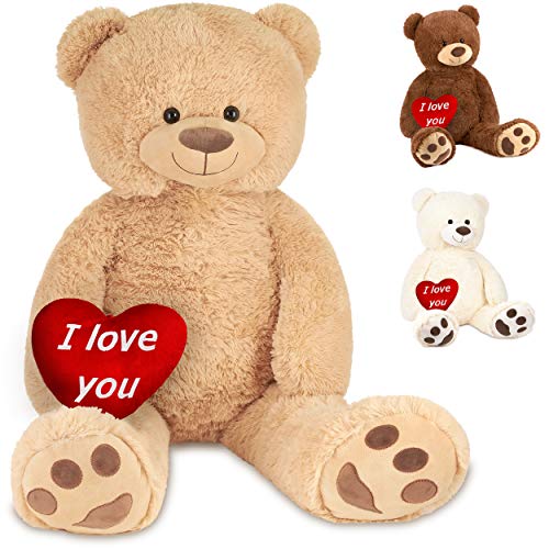 BRUBAKER XXL Teddybär 100 cm Beige mit einem I Love You Herz Stofftier Plüschtier Kuscheltier von BRUBAKER