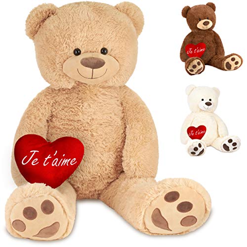 BRUBAKER XXL Teddybär 100 cm Beige mit einem Je T'Aime Herz Stofftier Plüschtier Kuscheltier von BRUBAKER