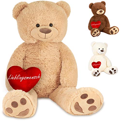 BRUBAKER XXL Teddybär 100 cm Beige mit einem Lieblingsmensch Herz Stofftier Plüschtier Kuscheltier von BRUBAKER