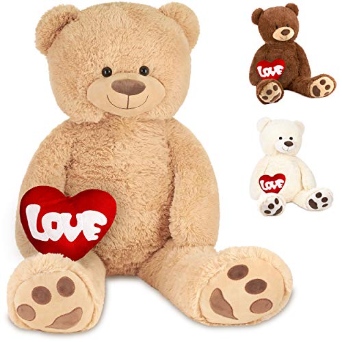 BRUBAKER XXL Teddybär 100 cm Beige mit einem Love Herz Stofftier Plüschtier Kuscheltier von BRUBAKER