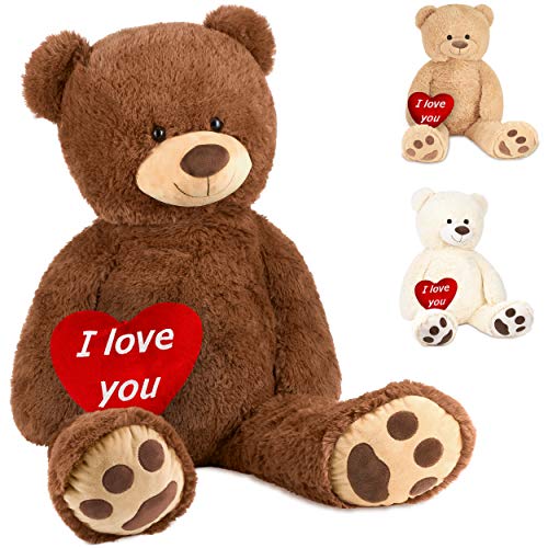 BRUBAKER XXL Teddybär 100 cm Braun mit einem I Love You Herz Stofftier Plüschtier Kuscheltier von BRUBAKER