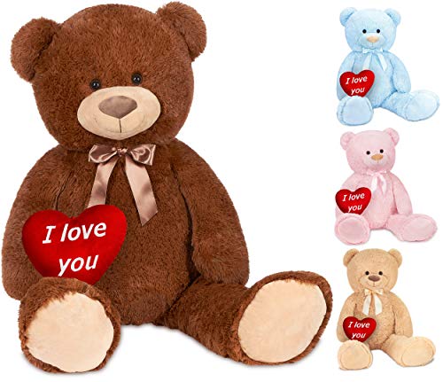 BRUBAKER XXL Teddybär 100 cm Braun mit einem I Love You Herz Stofftier Plüschtier Kuscheltier von BRUBAKER