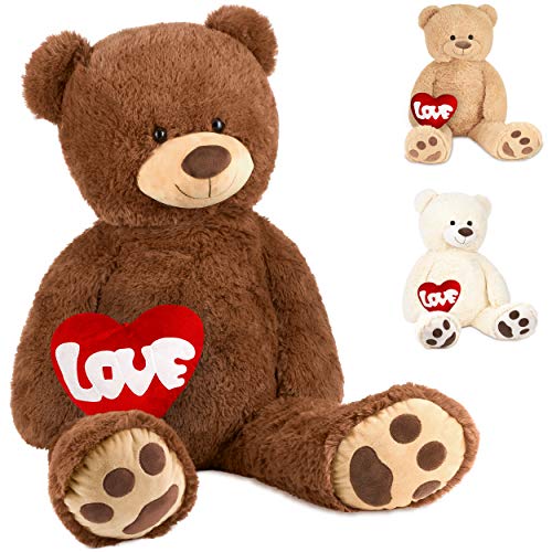 BRUBAKER XXL Teddybär 100 cm Braun mit einem Love Herz Stofftier Plüschtier Kuscheltier von BRUBAKER