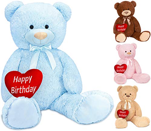 BRUBAKER XXL Teddybär 100 cm Hellblau mit einem Happy Birthday Herz Stofftier Plüschtier Kuscheltier von BRUBAKER
