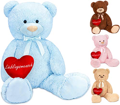 BRUBAKER XXL Teddybär 100 cm Hellblau mit einem Lieblingsmensch Herz Stofftier Plüschtier Kuscheltier von BRUBAKER