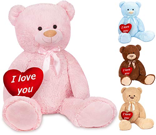 BRUBAKER XXL Teddybär 100 cm Rosa mit einem I Love You Herz Stofftier Plüschtier Kuscheltier von BRUBAKER