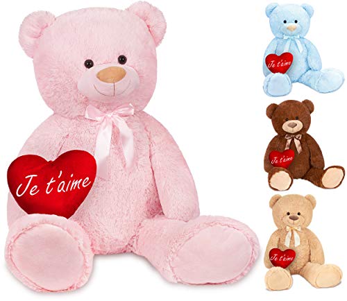 BRUBAKER XXL Teddybär 100 cm Rosa mit einem Je T'Aime Herz Stofftier Plüschtier Kuscheltier von BRUBAKER
