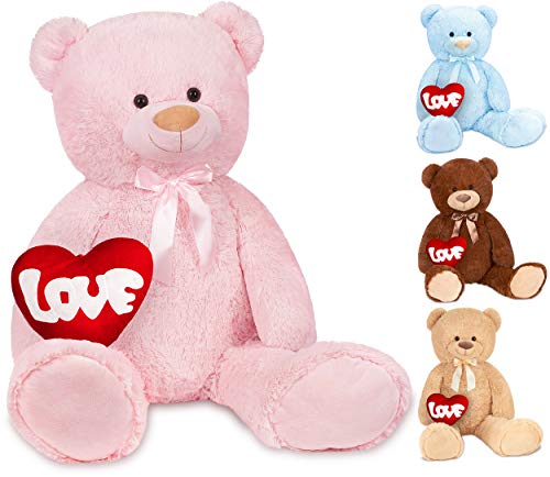 BRUBAKER XXL Teddybär 100 cm Rosa mit einem Love Herz Stofftier Plüschtier Kuscheltier von BRUBAKER