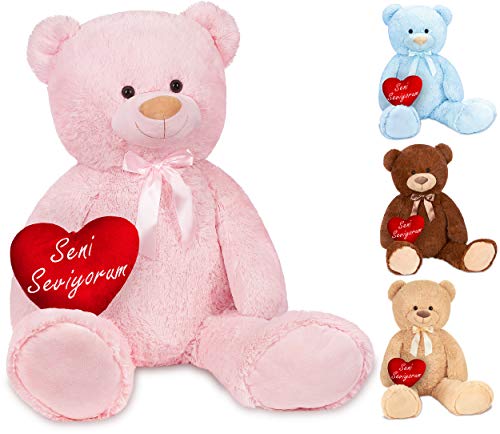 BRUBAKER XXL Teddybär Seni Seviyorum - 100 cm Stofftier Rosa mit Herz und Schleife - Plüschtier Kuscheltier von BRUBAKER