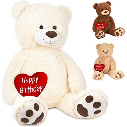 BRUBAKER XXL Teddybär 100 cm Weiß mit einem Happy Birthday Herz Stofftier Plüschtier Kuscheltier von BRUBAKER