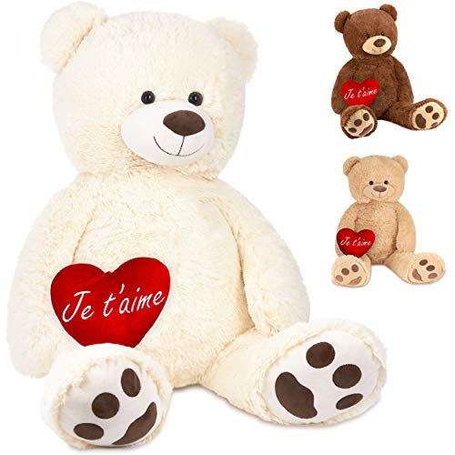 BRUBAKER XXL Teddybär 100 cm Weiß mit einem Je T'Aime Herz Stofftier Plüschtier Kuscheltier von BRUBAKER