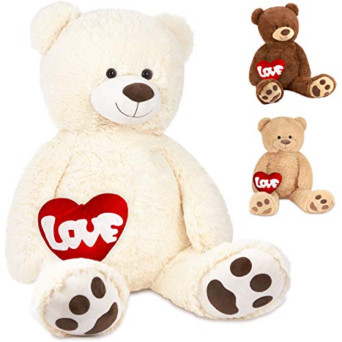 BRUBAKER XXL Teddybär 100 cm Weiß mit einem Love Herz Stofftier Plüschtier Kuscheltier von BRUBAKER