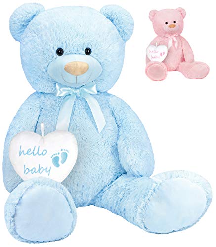 BRUBAKER XXL Teddybär 100 cm mit Hello Baby Herz - Babyparty Geschenk für Neugeborene Jungen - Kuscheltier Stofftier Plüschtier - Blau Hellblau von BRUBAKER