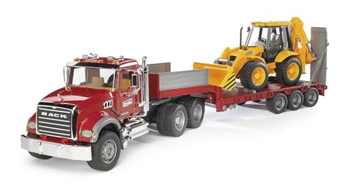 bruder 02813 - MACK Granite LKW mit Tieflader und JCB 4CX Baggerlader - 1:16 Transporter Schwertransporter Truck Baustelle Baufahrzeug Schaufelbagger von bruder