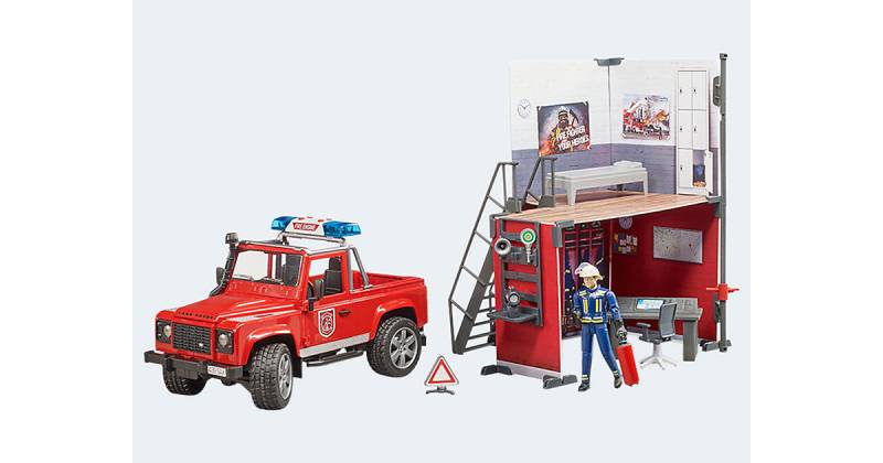 bworld Feuerwehrstation mit Land Rover Defender und Feuerwehrmann von Bruder