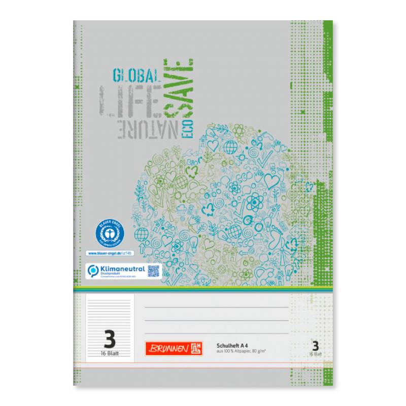 BRUNNEN Schulheft Recycling, Lineatur Lineatur 3 liniert, Format A4, Blatt Anzahl 16 Blatt von Brunnen