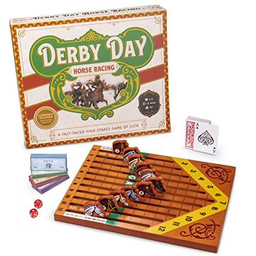Derby Day Pferderennen-Brettspiel, Familien- und Erwachsenenspiel, ideal für Partys und Glücksspiele mit niedrigem Einsatz, inklusive Spielbrett, Kartenspiel, Würfelpaar und Papierwährung von Brybelly