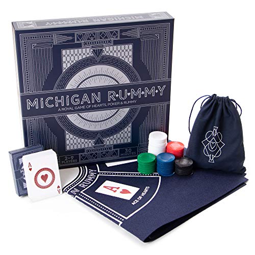 Michigan Rummy: A Royal Game of Hearts, Poker & Rummy - Betting & Bluffing Board Game - Classic Family Card Game for Adults & Kids - 200 Poker Chips, 60cm x 60cm Mat & Custom Card Deck von Brybelly