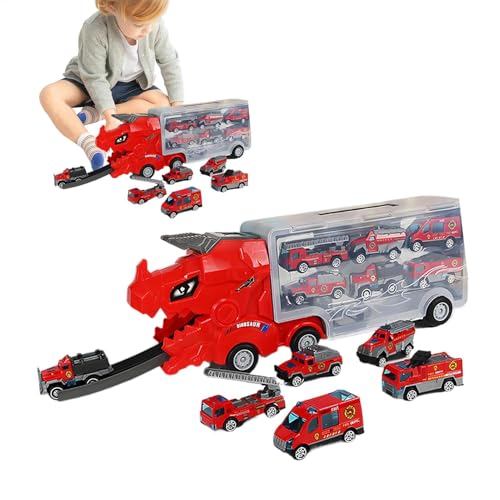 Bsbkoj Dinosaur Transport Truck, 6-Car Dinosaur Shape Toy Truck Transporter, 40x10x14cm, Interactive Mega Hauler Playset, Fun Deform Catapulting Slot Vehicle Race Set for Kids von Bsbkoj