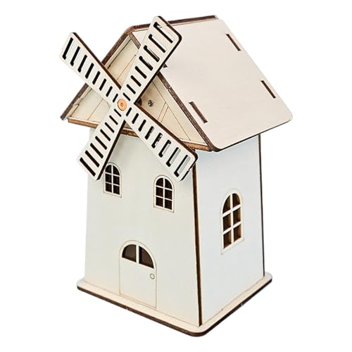 Solar Windmill House, Stem Model Craft Kit, 3.27x2.76x5.51 Inches Educational Construction Toy, Decorative Wooden Ornament, 1 Set Natural Wood, for School Projects Exhibitions Home von Bsbkoj