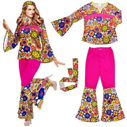 70er Jahre Bekleidung Damen, Hippie Kleidung Damen Pink, Hippie Kostüm Damen, Faschingskostüme Damen Hippie, Karnevalskostüme Damen mit Stirnband, Kostüme Karneval Schlaghose 60-80er Disco Party (M) von Bseical