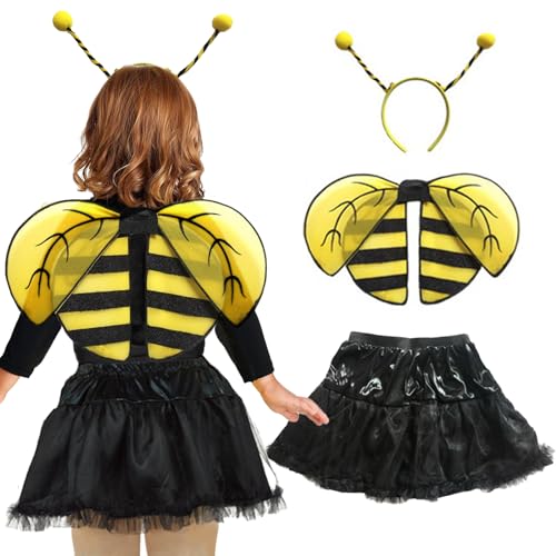 Bseical Bienen Kostüm Für Kinder, Bienen Flügel,Kostüm Kinder Mädchen Fasching,Karneval Cosplay Kostüm Bienen Tüllrock Mit Antenne Stirnband Und Flügel Tutu,Cosplay Halloween Karneval Verkleiden Party von Bseical