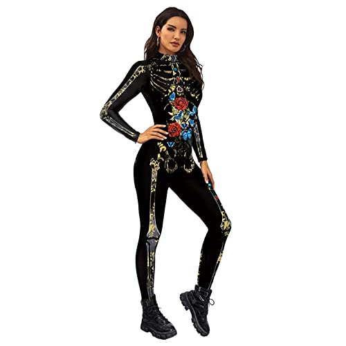 Bseical Halloween KostüM Skelett Damen Jumpsuit 3D Print Langarm Skinny Cosplay Knochen Overall Fasching Karneval Skeleton Bodysuit (AA-Skeleton A, L) von Bseical
