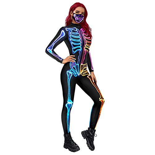 Bseical Halloween KostüM Skelett Damen Jumpsuit 3D Print Langarm Skinny Cosplay Knochen Overall Fasching Karneval Skeleton Bodysuit (AA-Skeleton B, L) von Bseical