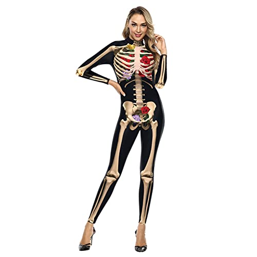 Bseical Halloween KostüM Skelett Damen Jumpsuit 3D Print Langarm Skinny Cosplay Knochen Overall Fasching Karneval Skeleton Bodysuit (AA-Skeleton C, L) von Bseical