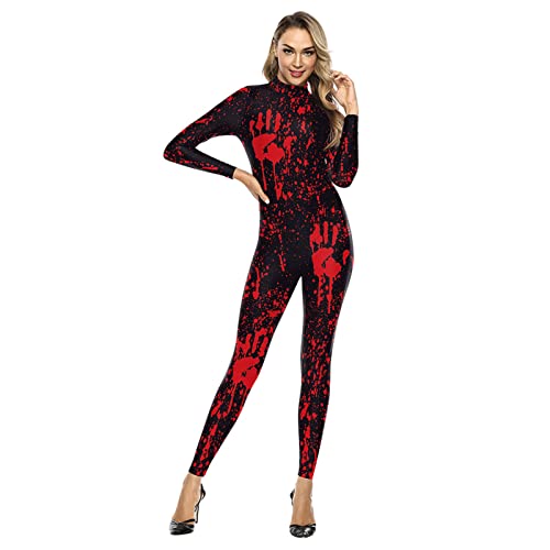 Bseical Halloween KostüM Skelett Damen Jumpsuit 3D Print Langarm Skinny Cosplay Knochen Overall Fasching Karneval Skeleton Bodysuit (Blut Handabdruck, S) von Bseical