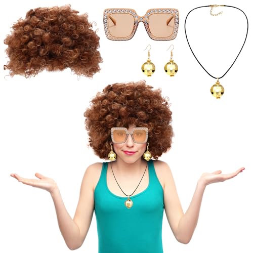 Bseical Karneval Kostüm Afro Perücke Damen Perücke Ohrringe Halskette und Brillen 70er 80er Jahre Outfit für Männer Damen Rocker Perücke Fasching Erwachsenenperücke Bseical Karneval Kostüm Afro Perücke Damen Perücke Ohrringe Halskette und Brillen 70er 80er Jahre Outfit für Männer Damen Rocker Perücke Fasching Erwachsenenperücke von Bseical