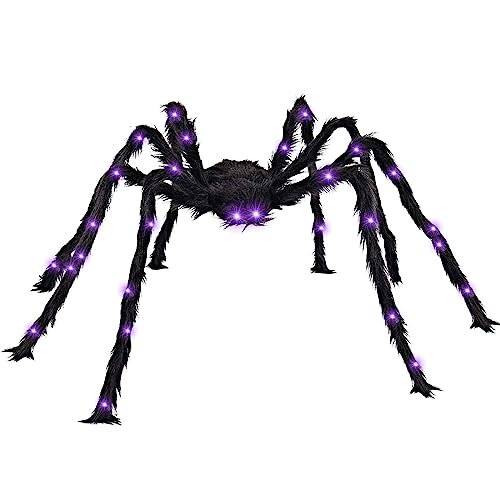 Halloween Spinne Deko mit LED, Halloween Deko Garten Gruselig, Halloween Deko Aussen Spinnen, Spinne Halloween Groß 125cm, Halloween Party Outdoor Hängend, Karneval Plüsch Riesenspinne Violett Licht von Bseical