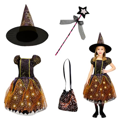 Halloween Zauberer Kostüm,Mädchen Hexenkostüm Mit Licht,Leuchtende Hexenkostüm Mit Hexenhut,Halloween Leuchtendes Hexenkleid Set,Für Halloween Kinder Cosplay Karneval Fasching Party Outfits (S) von Bseical