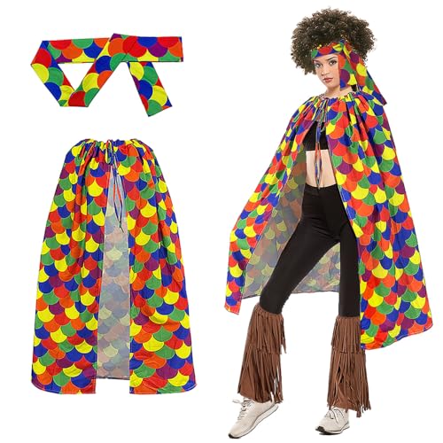 Hippie Kostüm Damen Set, Karneval Kostüm Damen Hippie, Faschingskostüme 60er 70er 80er 90er Jahre, Karnevalskostüme Accessoires Umhang Kleidung Disco Fasching Party Vintage Bunt mit Stirnband Zubehör von Bseical