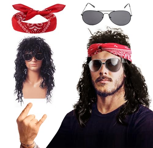 Hippie Kostüm Herren Set, 70er Jahre Bekleidung Herren, Perücke Herren, Faschingskostüme Männer, Karneval Kostüme Accessoires, Hippie Kleidung mit Sonnenbrille Headscarf Fasching Punk Tod Rock Disco von Bseical