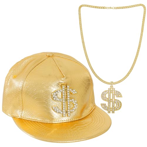 Bskifnn Hip Hop Kostüm Hut Kit 80er 90er Gold Hut mit Dollar Zeichen Halskette Rapper Kostüm für Damen und Herren von Bskifnn