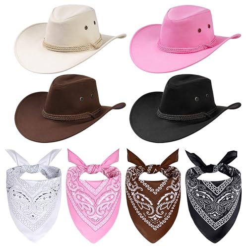 Cowboyhut und Bandana Vintage Cowboy Kostüm Set Unisex Cowboy mit Bandana Schal für Damen und Herren Partyzubehör 8 Stück, Schwarz, Kaffee, Creme, Weiß, Rosa, Einheitsgröße von Bskifnn