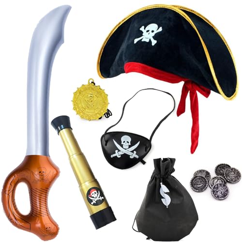 Bssowe 6 Stück Piratenkostüm Kinder, Piraten Kostüm Kinder, Augenklappe Pirat, Piratenkostüm, Piratenkostüm Herren, Piratenhut, mit Hut, Fernrohr, Augenklappe, Messer, Münzbeutel, Halskette Anhänger Bssowe 6 Stück Piratenkostüm Kinder, Piraten Kostüm Kinder, Augenklappe Pirat, Piratenkostüm, Piratenkostüm Herren, Piratenhut, mit Hut, Fernrohr, Augenklappe, Messer, Münzbeutel, Halskette Anhänger von Bssowe
