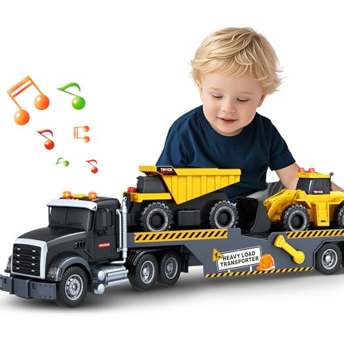 Kleinkind Jungen Spielzeug für 3 4 5 6 7 Jahre Kinder, 53,3 cm Halbkonstruktionsträger, LKW-Spielzeug mit Bagger und Muldenkipper, reibungsbetriebenes Spielzeug mit Lichtern und Geräuschen, Geburtstag von Bstoyder