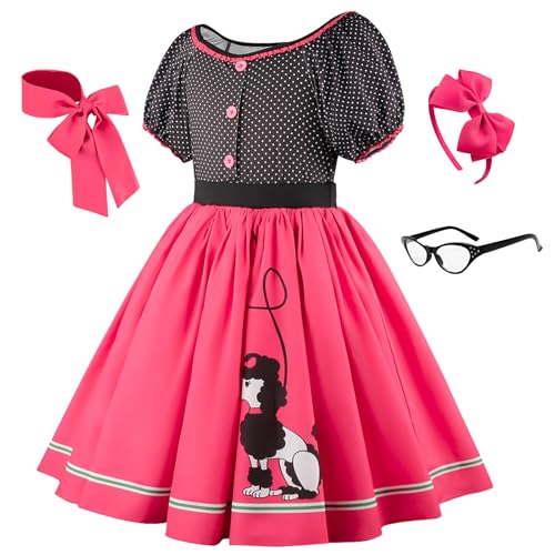 Btonai Mädchen Pudel Rock Kostüm 50er Jahre Kleid mit Schal, Brille und Stirnband von Btonai