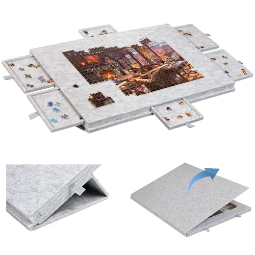 Btstil Puzzletisch 1000 Teile, Puzzlebrett mit 2-in-1-Ständer und Abdeckung, Kippbarer Leichter Filz Puzzlebrett mit 6 Schubladen für Spiele Bis zu 1000 Teile (Hellgrau) von Btstil