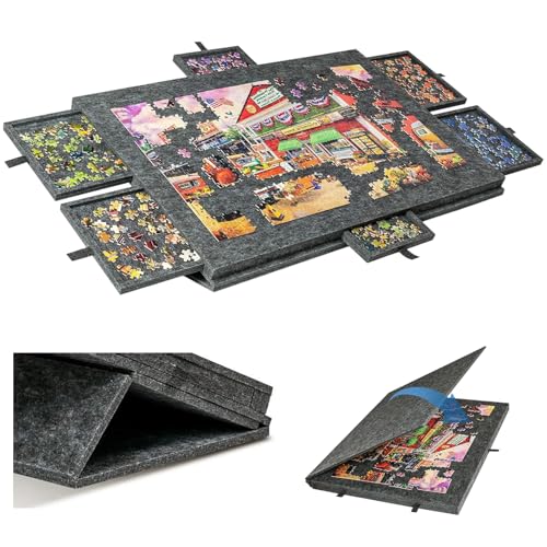 Btstil Puzzletisch 1000 Teile, Puzzlebrett mit 2-in-1-Ständer und Abdeckung, Kippbarer Leichter Filz Puzzlebrett mit 6 Schubladen für Spiele Bis zu 1000 Teile (Schwarz) von Btstil