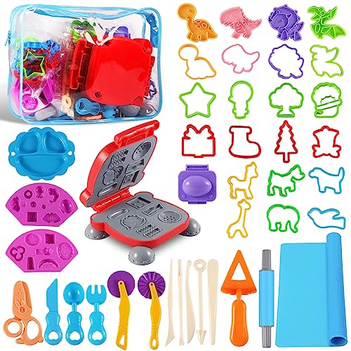 BuYupop Knete Zubehör Kinder-41 Stück Knetwerkzeug Set,Teig Plastilin Werkzeuge,Ausstechformen,Burgerpresse,Nudelholz Kinder, Knetmatte, Dinosaurier,Tiere ZufäLlige Farben,Geschenk für Jungen Mädchen von BuYupop