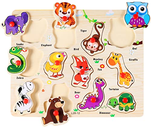 BuYupop Holzspielzeug, Steckspiel Holzpuzzle ab 1 2 3 Jahr, Montessori Spielzeug mit Großen Knöpfen zum Greifen für Baby Junge Mädchen Geschenk（Waldtiere） von BuYupop