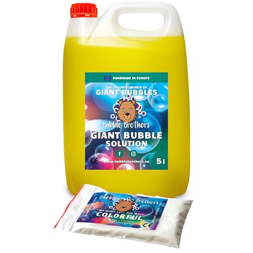 Bubble Brothers Seifenblasenflüssigkeit 5 Liter für Riesenseifenblasen und Normale Seifenblasen Nachfüllflasche 5l unplatzbare XXL Bunte Seifenblasen Seifenblasenlösung (5 Liter + 1 Pulver) von Bubble Brothers