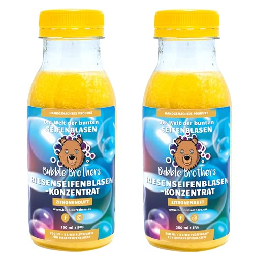 Bubble Brothers Riesenseifenblasen Konzentrat für 5 Liter Seifenblasen Nachfüllflasche für Kindergeburtstag Große Seifenblasen Giant Bubbles (Zitrone, 2 x 250ml =10L) von Bubble Brothers