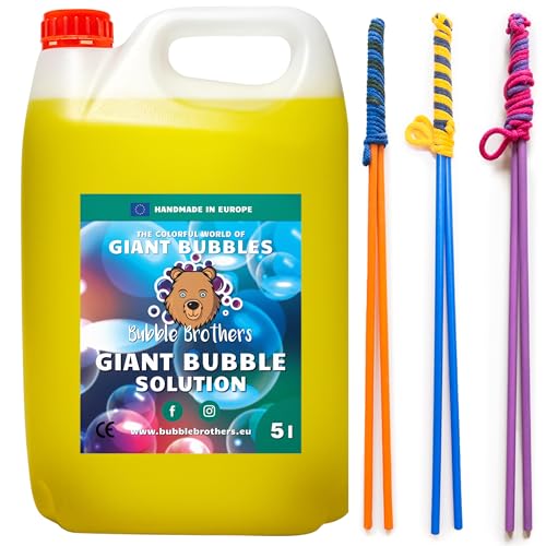 Bubble Brothers Seifenblasenflüssigkeit 5 Liter für Riesenseifenblasen und Normale Seifenblasen Nachfüllflasche 5l unplatzbare XXL Bunte Seifenblasen Seifenblasenlösung (5 Liter + 3 Seifenblasenstäbe) von Bubble Brothers